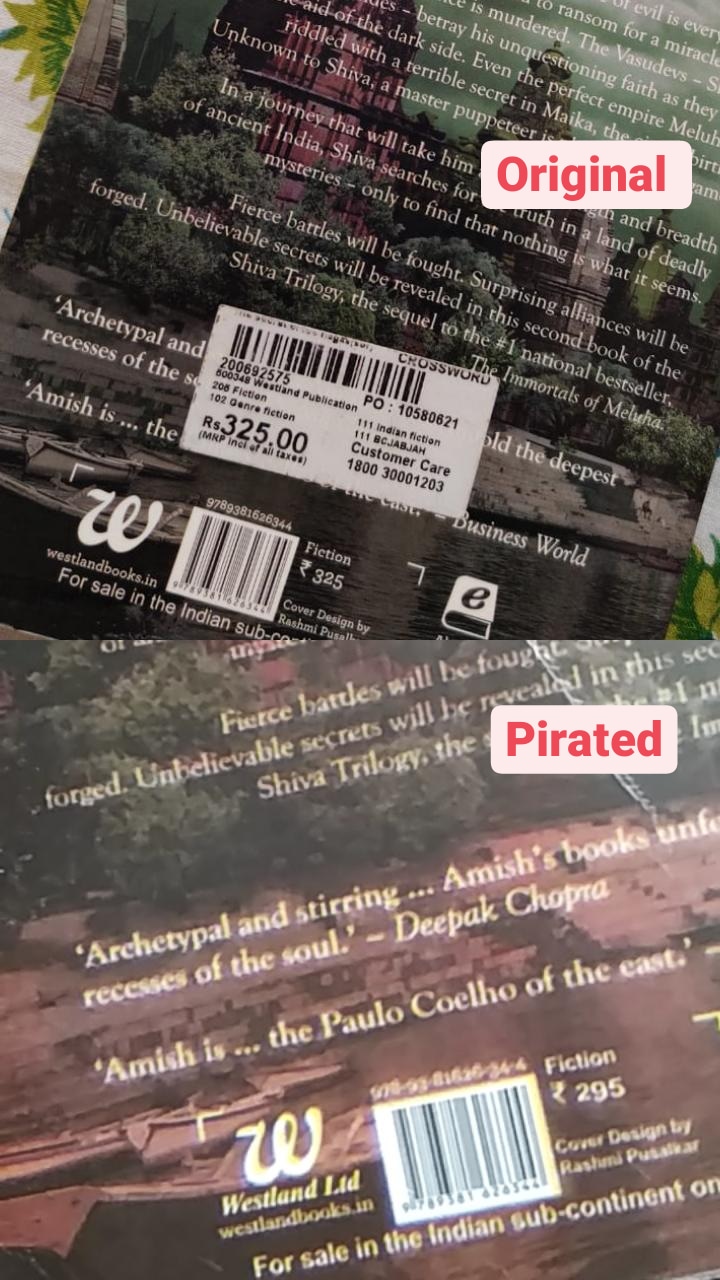 A comparison picture of two back covers of the book 'The Secret of Nagas'. The original cover is clear and the pirated cover is blurry.

                