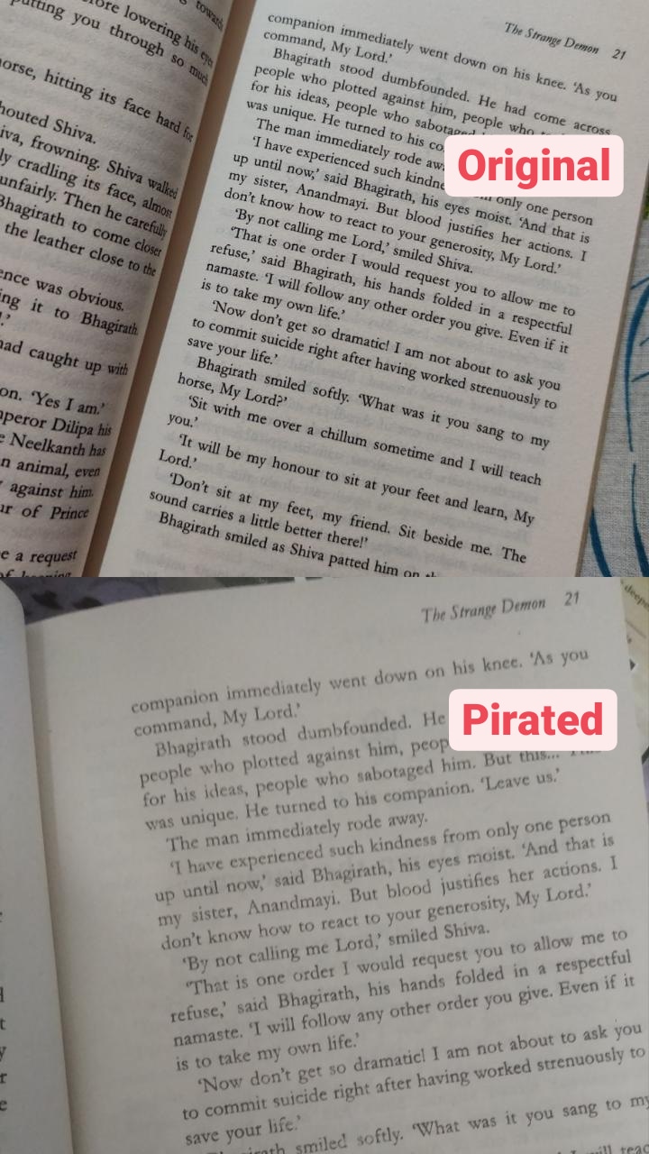 A  comparison picture  two covers of the book ' The secret of Nagas'.The orginal book has well aligned clear text and the pirates book has improper aligned two-bit text.