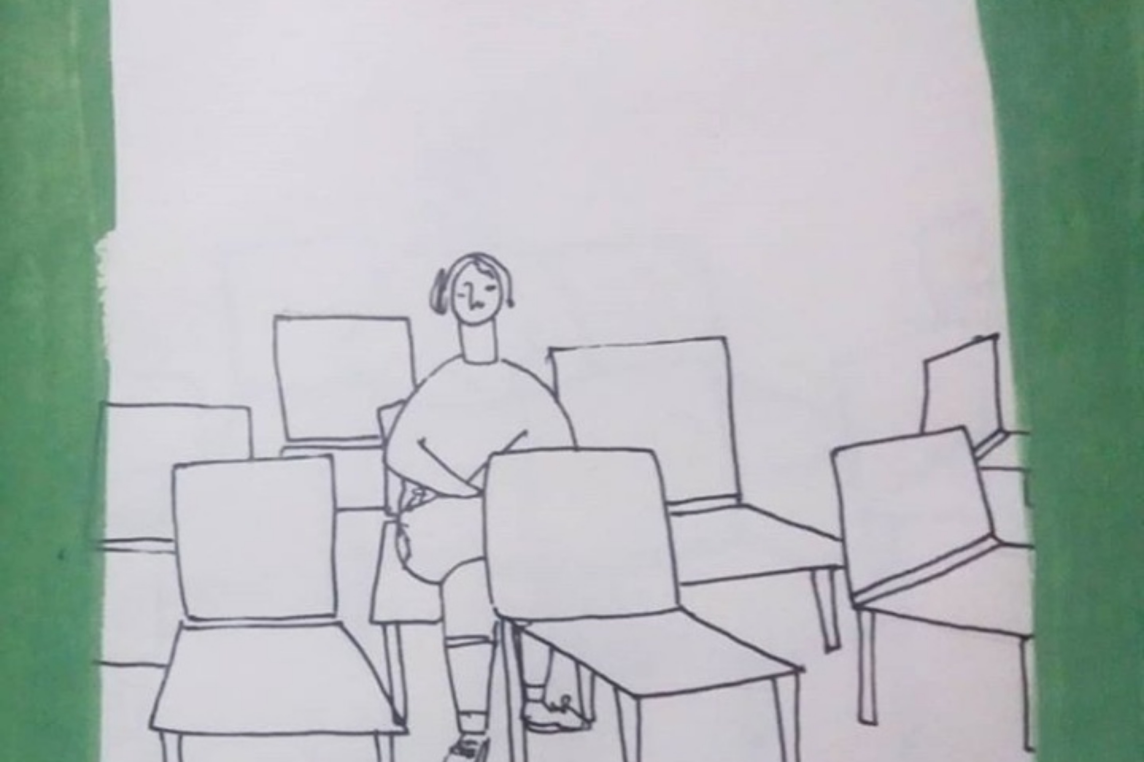 An illustration of a school student sitting alone in his class with empty chairs everywhere.